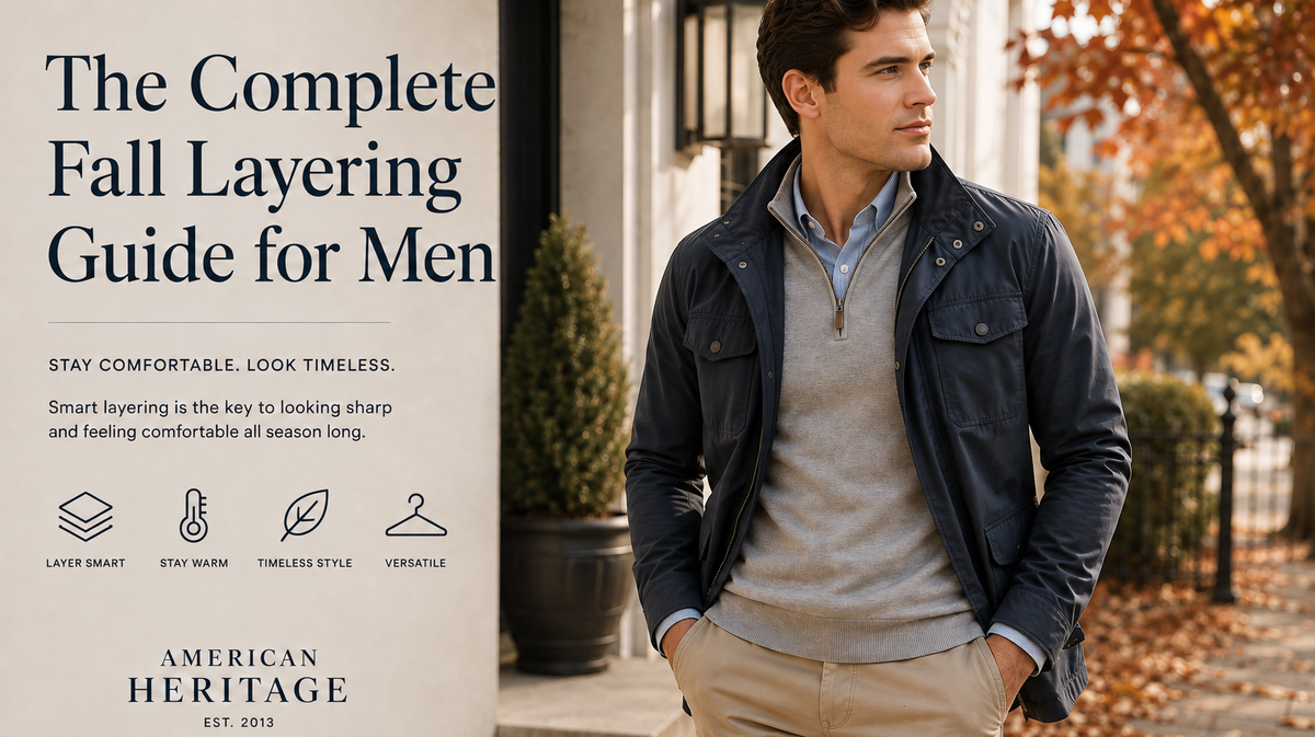 Man wearing a layered fall outfit with shirt and quarter-zip