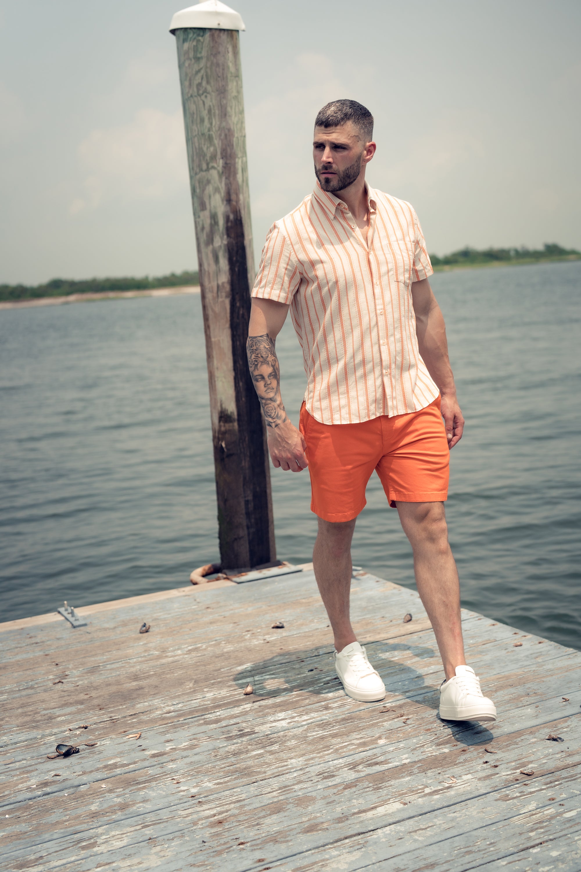 Orange with Beige Striped Short Sleeve Shirt