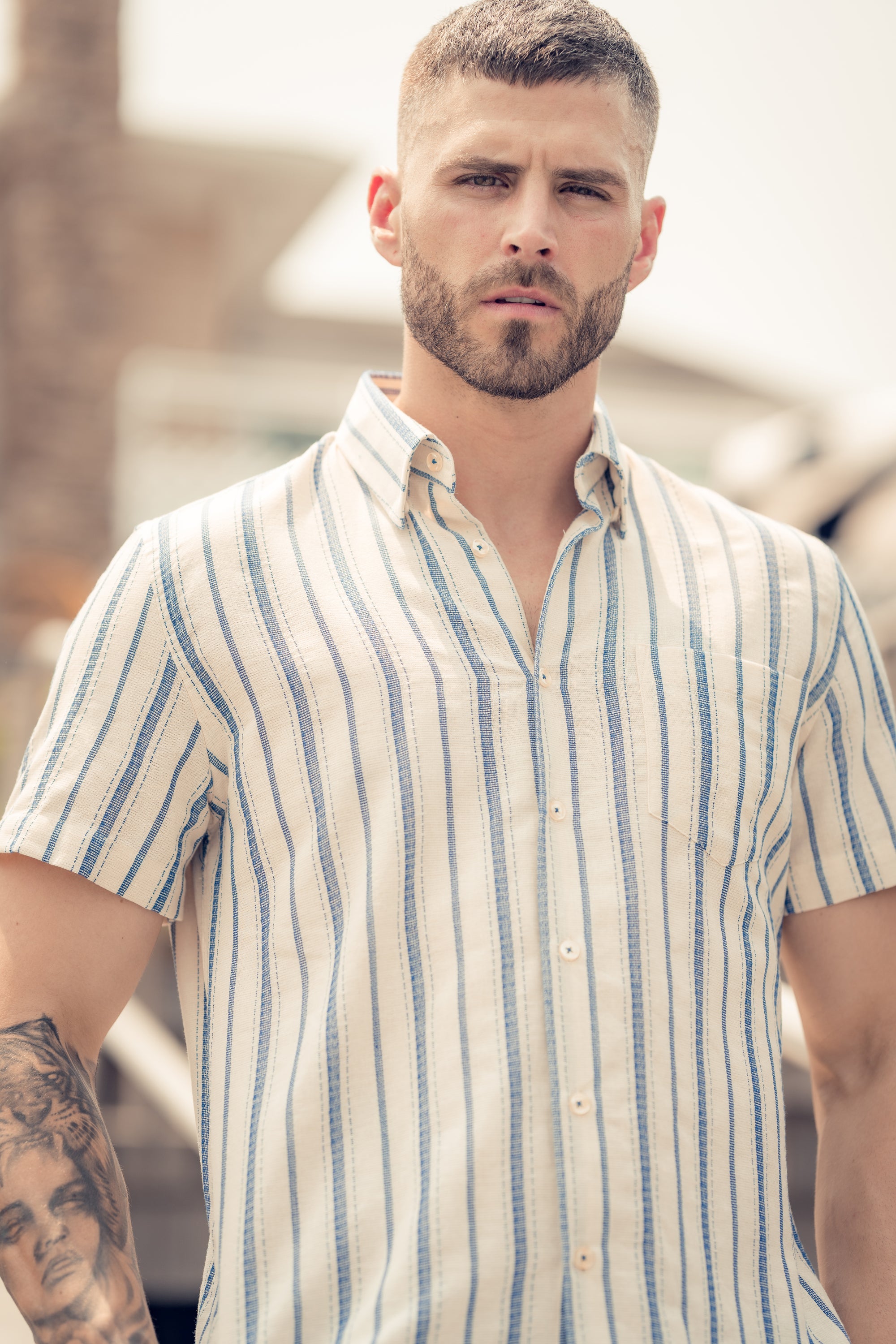 Denim Blue with Beige Striped Short Sleeve Shirt