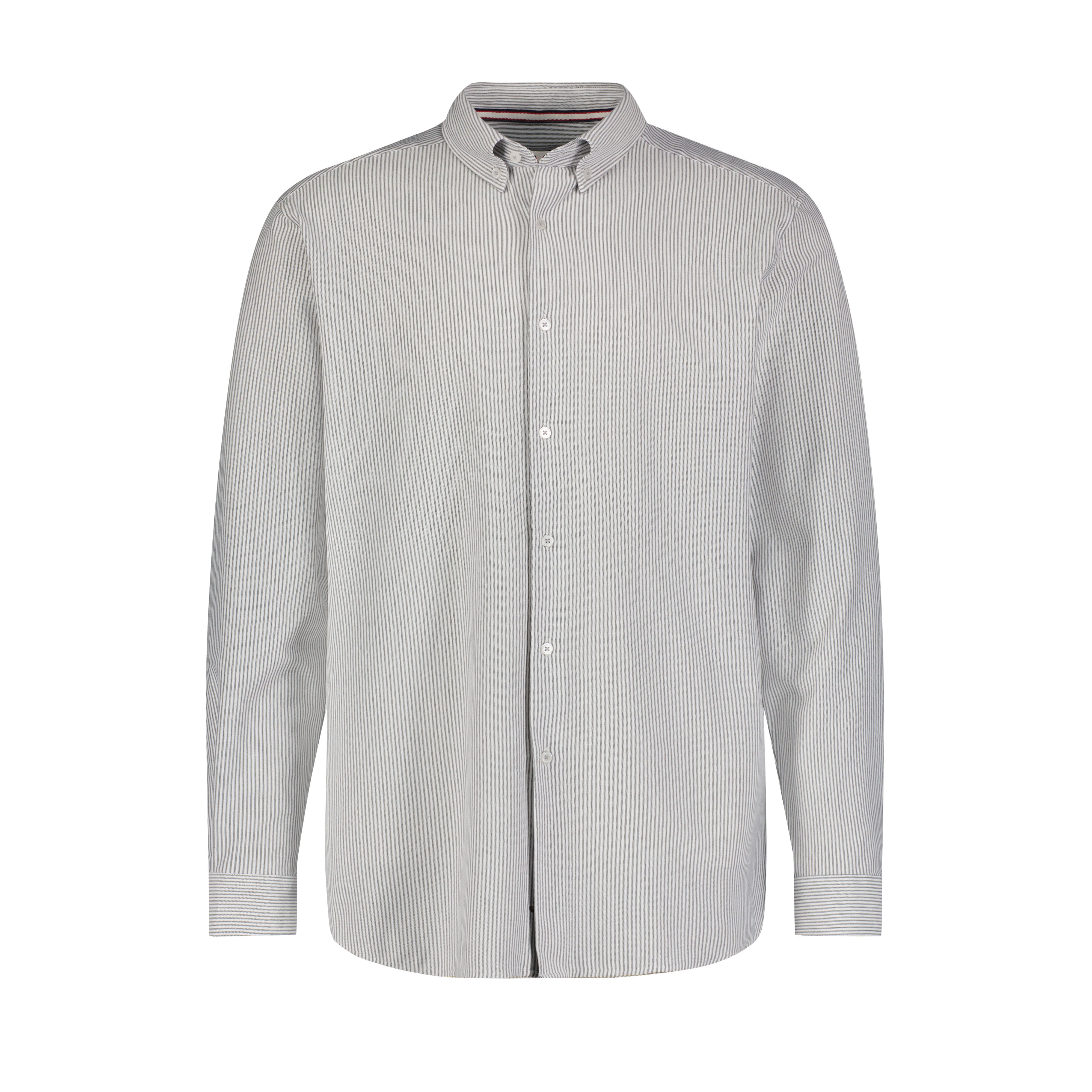 A long sleeve striped knit performance shirt in gray.