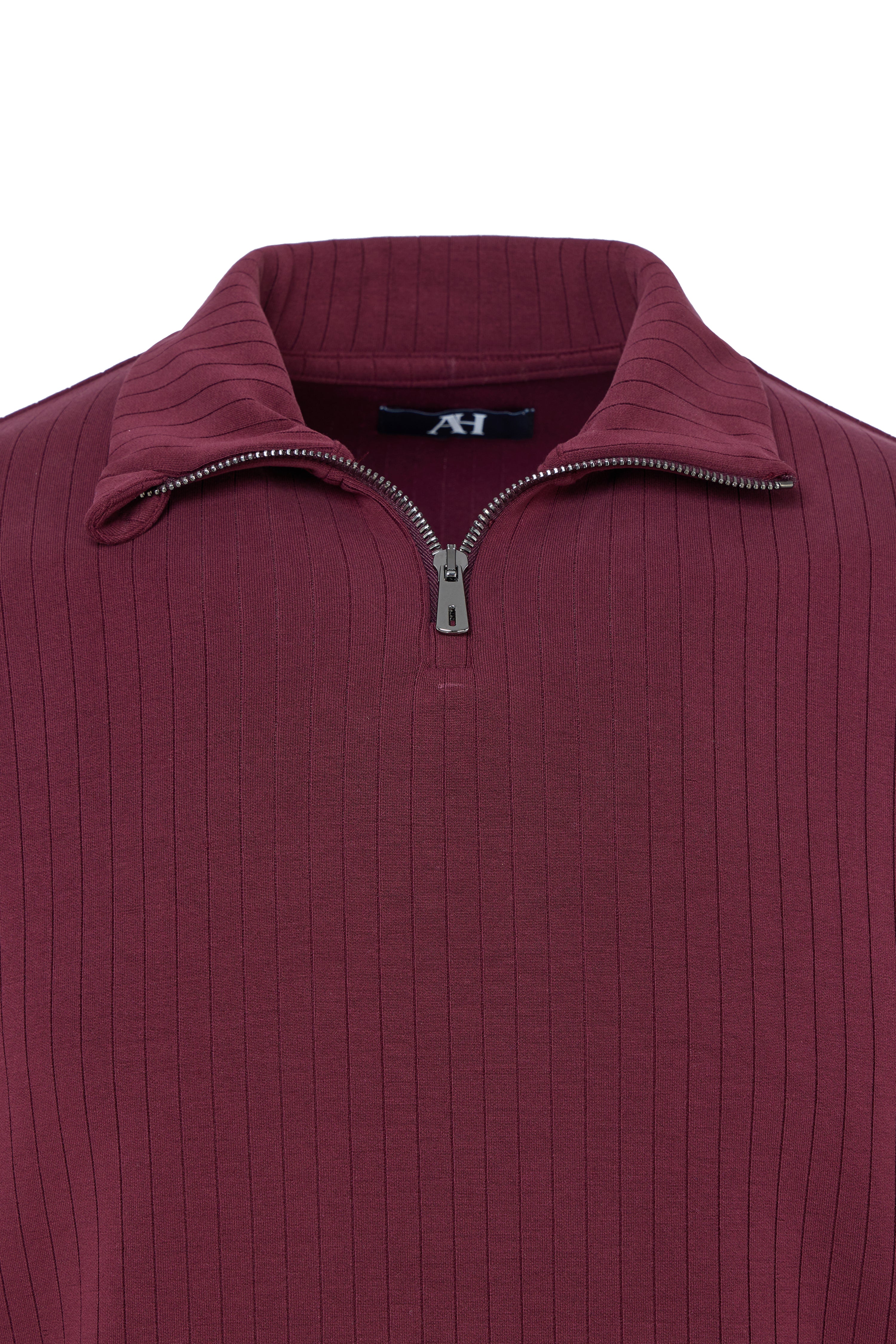 Maroon pullover with a quarter zip on a white background