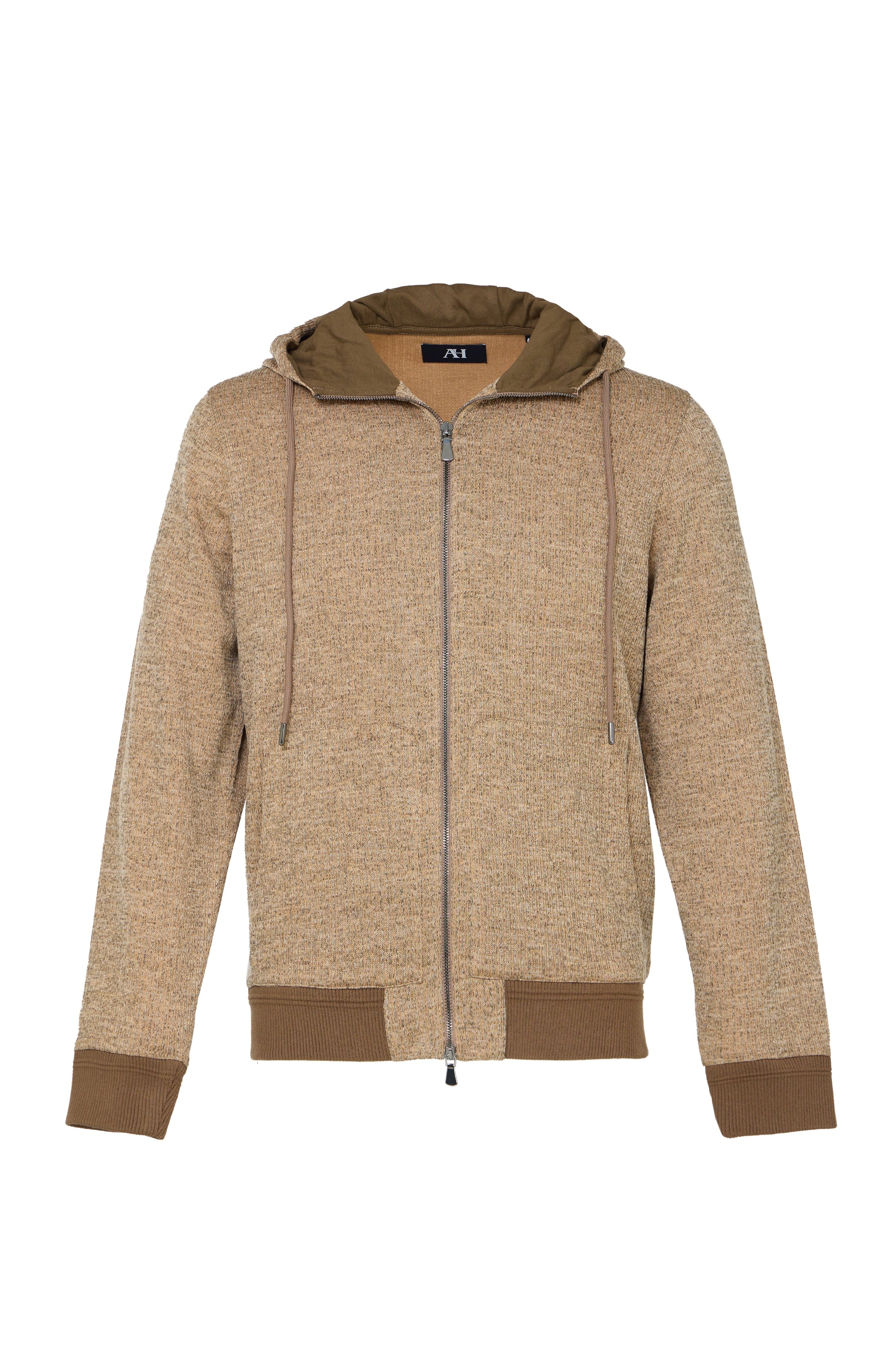 Beige hoodie with brown accents on a white background