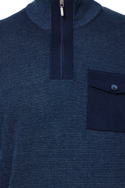 Navy Block Waffle Quarter Zip Raglan Sweater