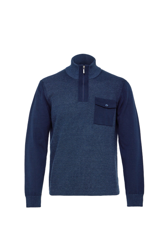 Navy Block Waffle Quarter Zip Raglan Sweater