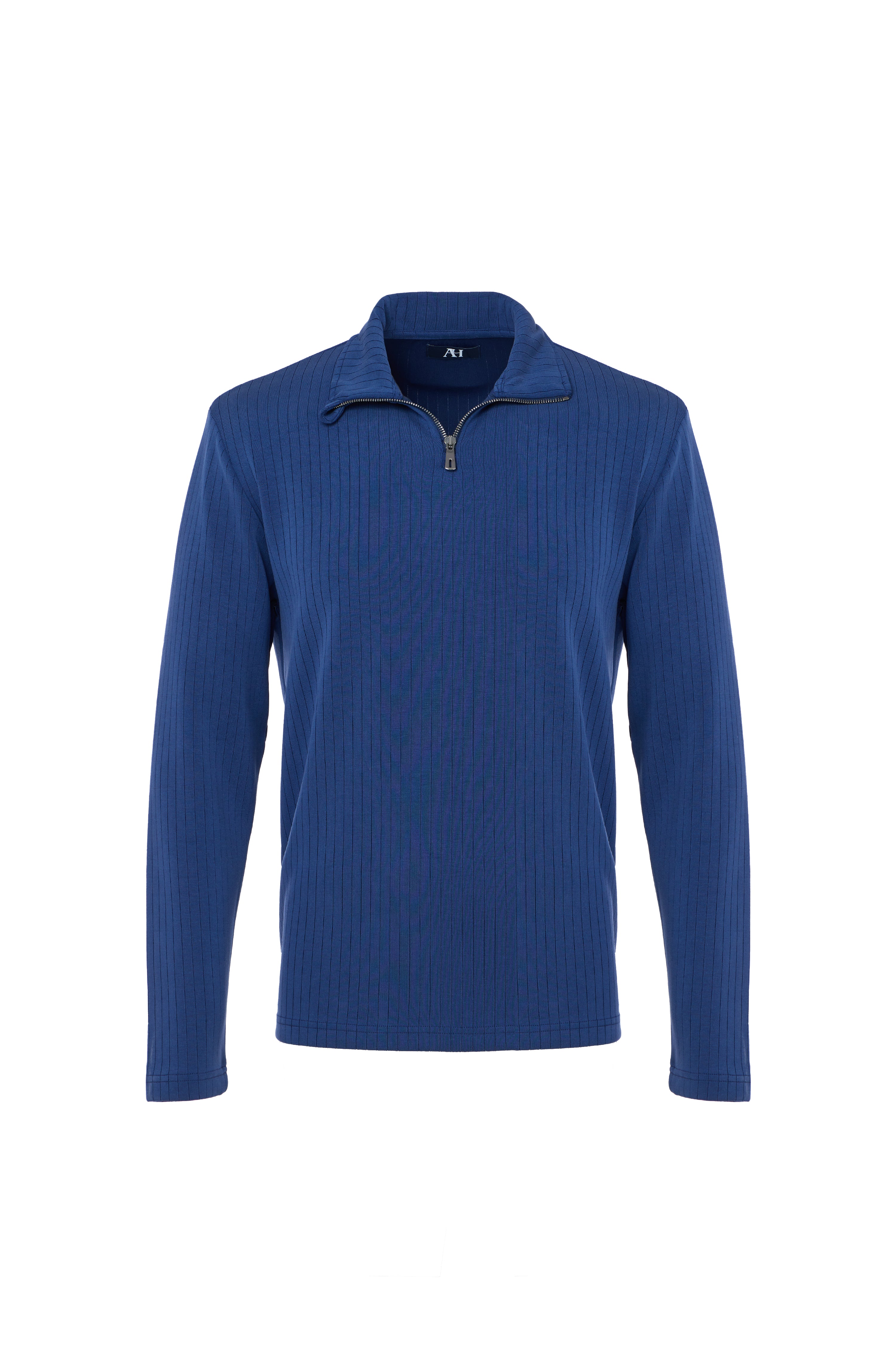 Blue ribbed long-sleeve shirt on a white background