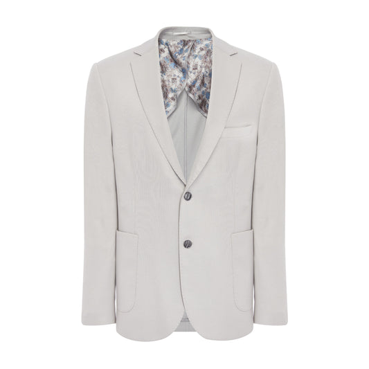 Light gray suit jacket with floral shirt on a white background