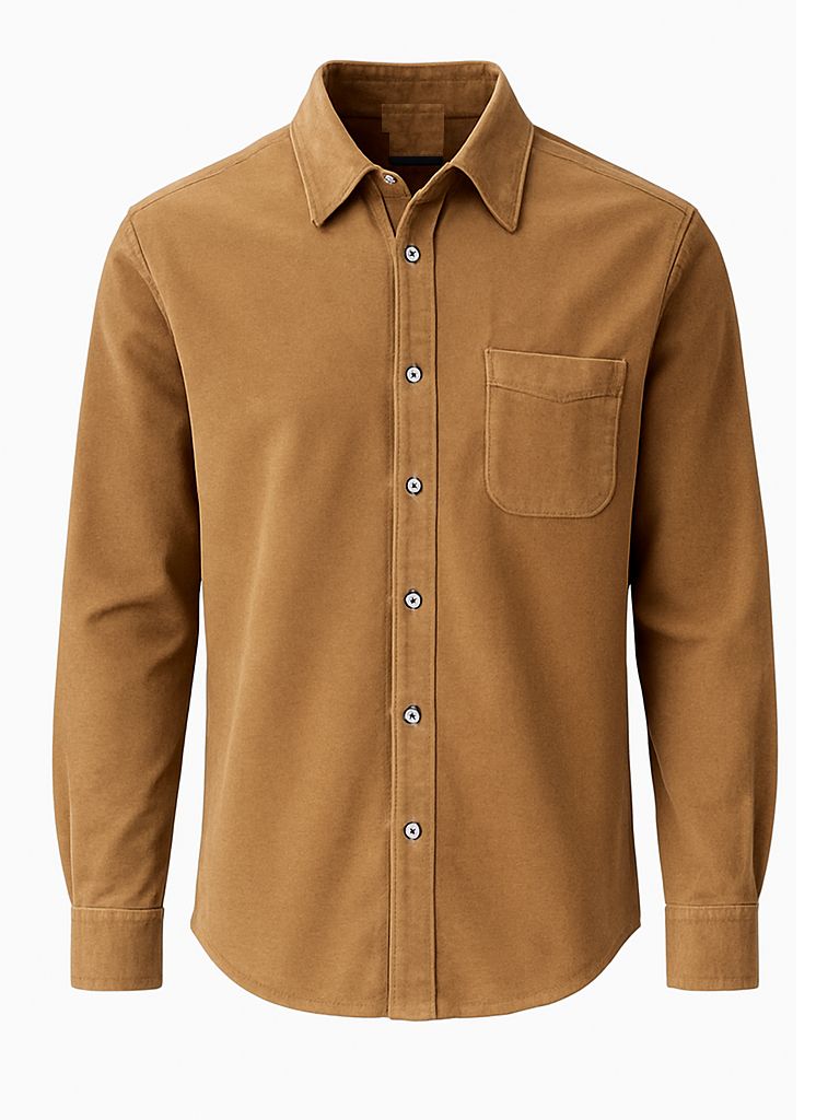 Brown button-up shirt with a pocket on a white background