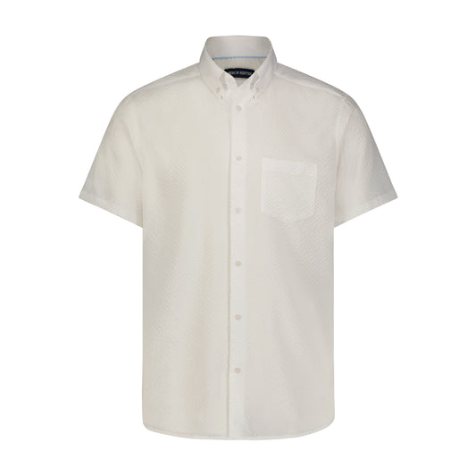 Beige Seersucker Stretch Button Down Short Sleeve Shirt