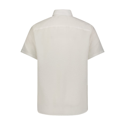 Beige Seersucker Stretch Button Down Short Sleeve Shirt