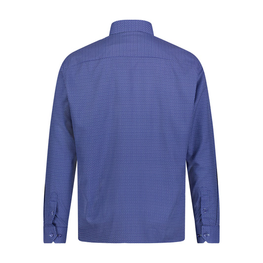 White Navy Blue Geo Print Hidden Button Down Long Sleeve Shirt