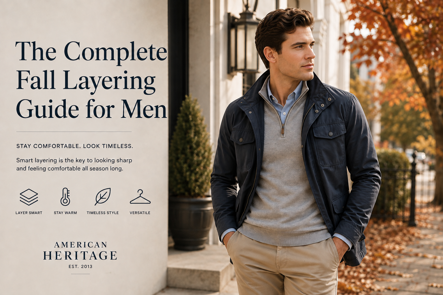 Man wearing a layered fall outfit with shirt and quarter-zip