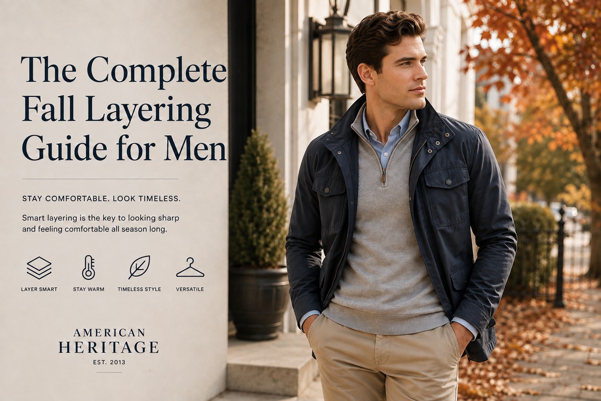 Man wearing a layered fall outfit with shirt and quarter-zip
