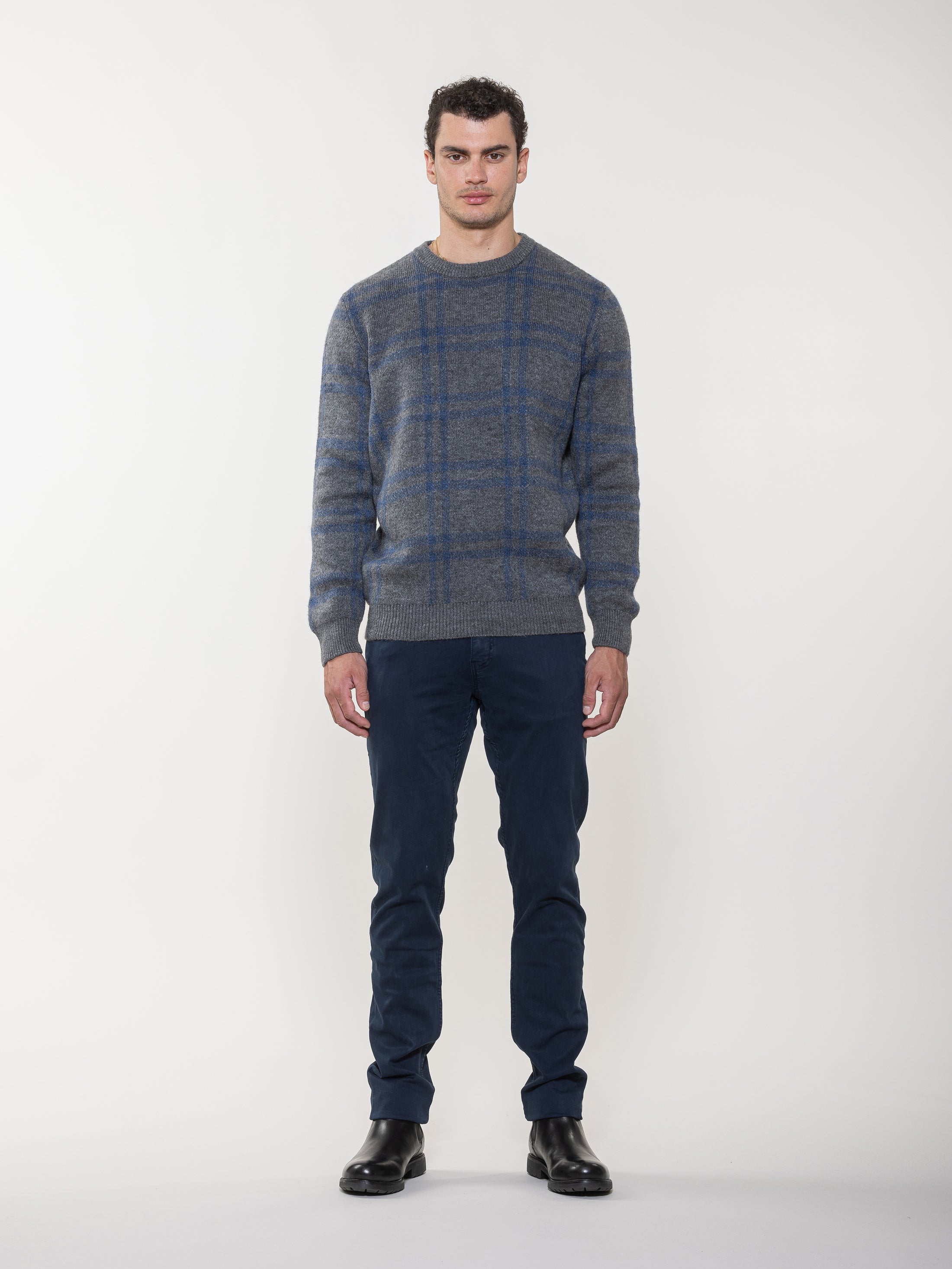 Crew Neck Jacquard Grid Sweater