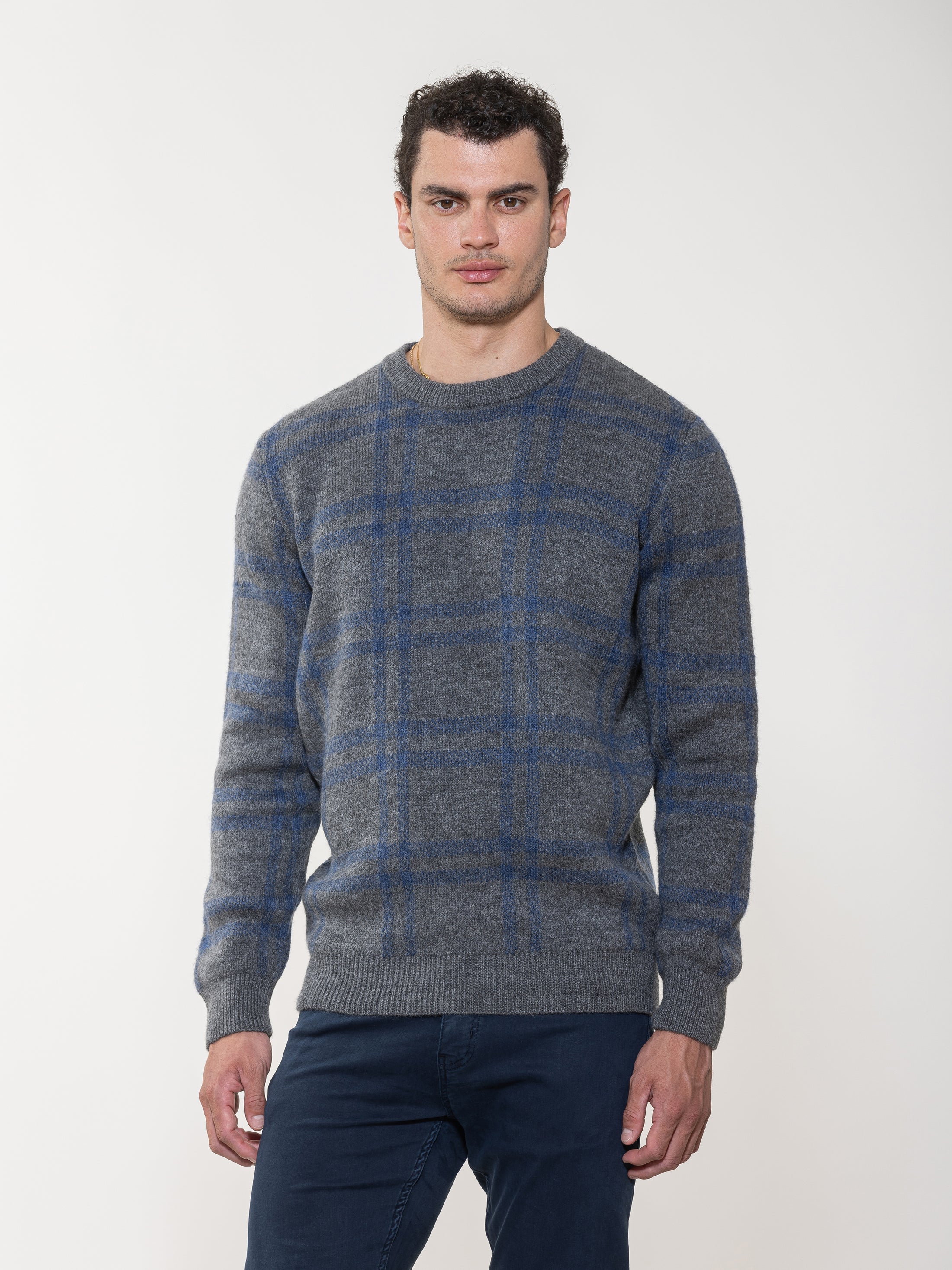 Crew Neck Jacquard Grid Sweater