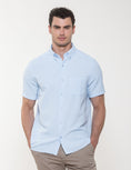 Load image into Gallery viewer, Sky Blue Seer Sucker Stretch Button Down Short Sleeve Shirt
