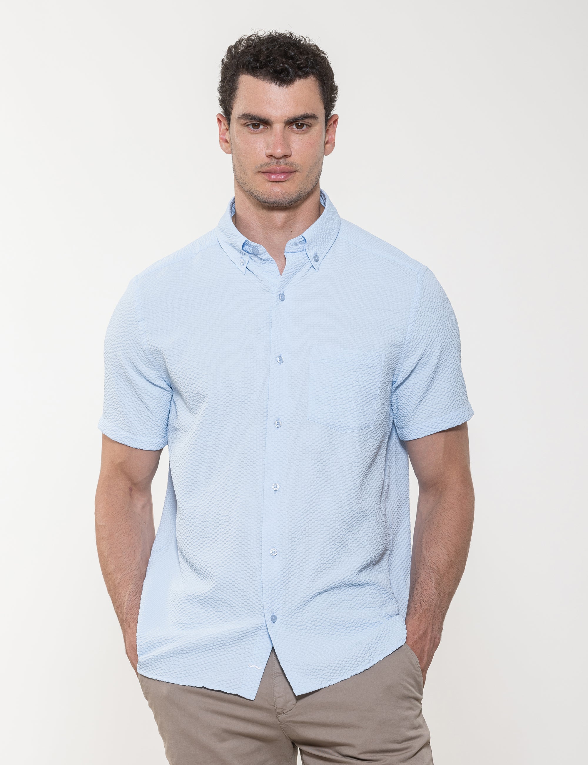 Sky Blue Seer Sucker Stretch Button Down Short Sleeve Shirt