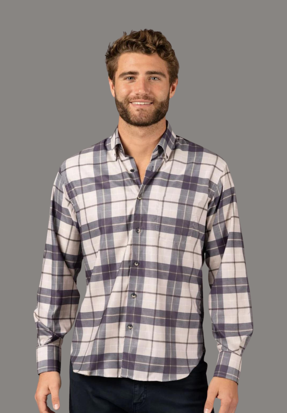 Beige and Navy Plaid Shirt