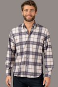 Load image into Gallery viewer, Beige and Navy Plaid Shirt

