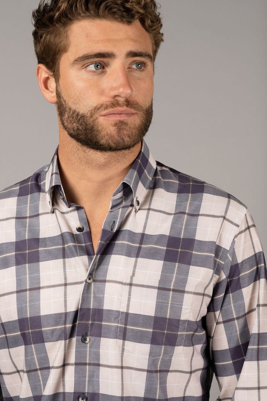 Beige and Navy Plaid Shirt