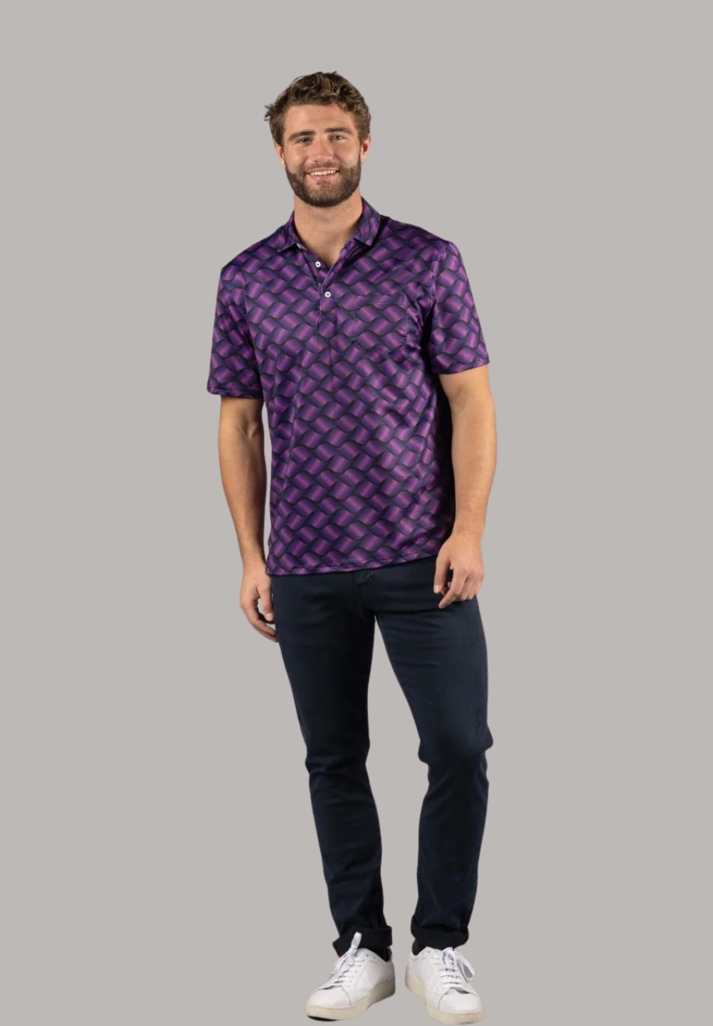 Black with Purple Waves Print Polo Shirt