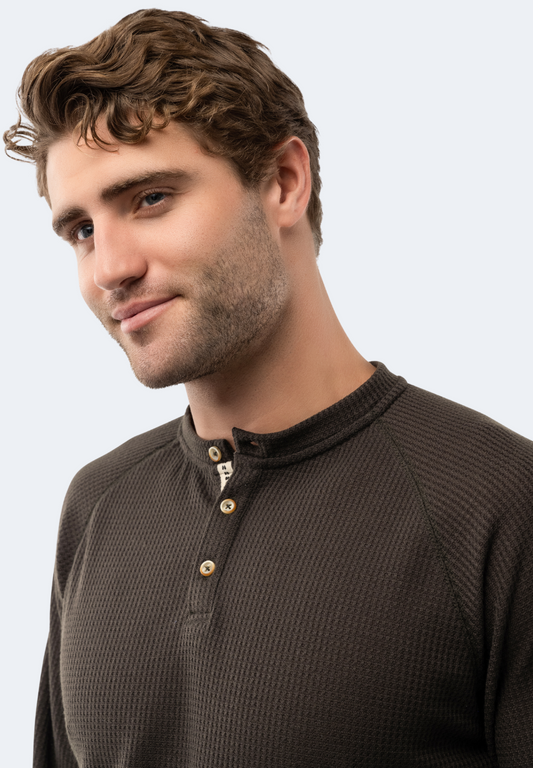 Army Green Waffle Knit 3-Button Henley