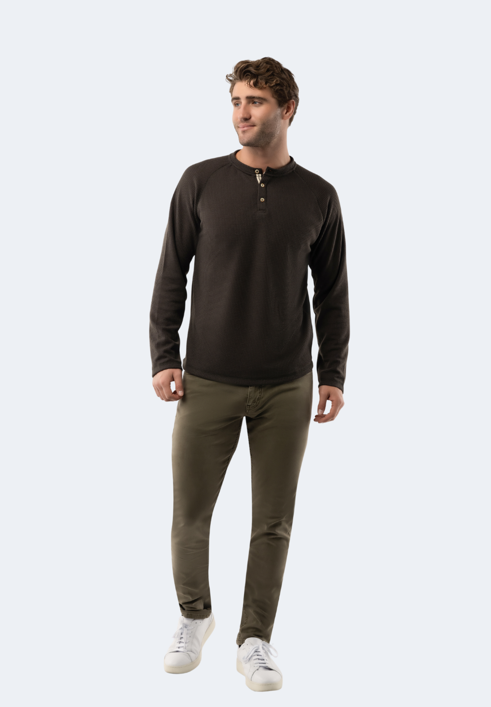 Army Green Waffle Knit 3-Button Henley