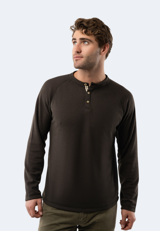 Army Green Waffle Knit 3-Button Henley