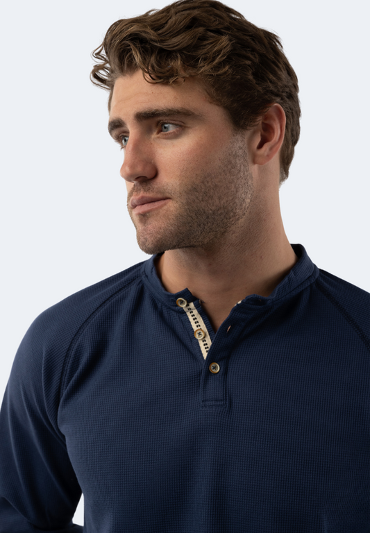 Cobalt Blue Waffle Knit 3-Button Henley