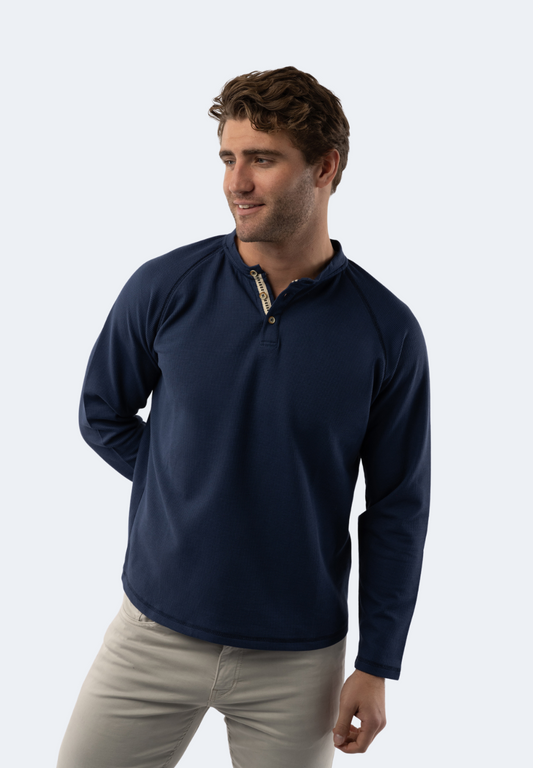 Cobalt Blue Waffle Knit 3-Button Henley