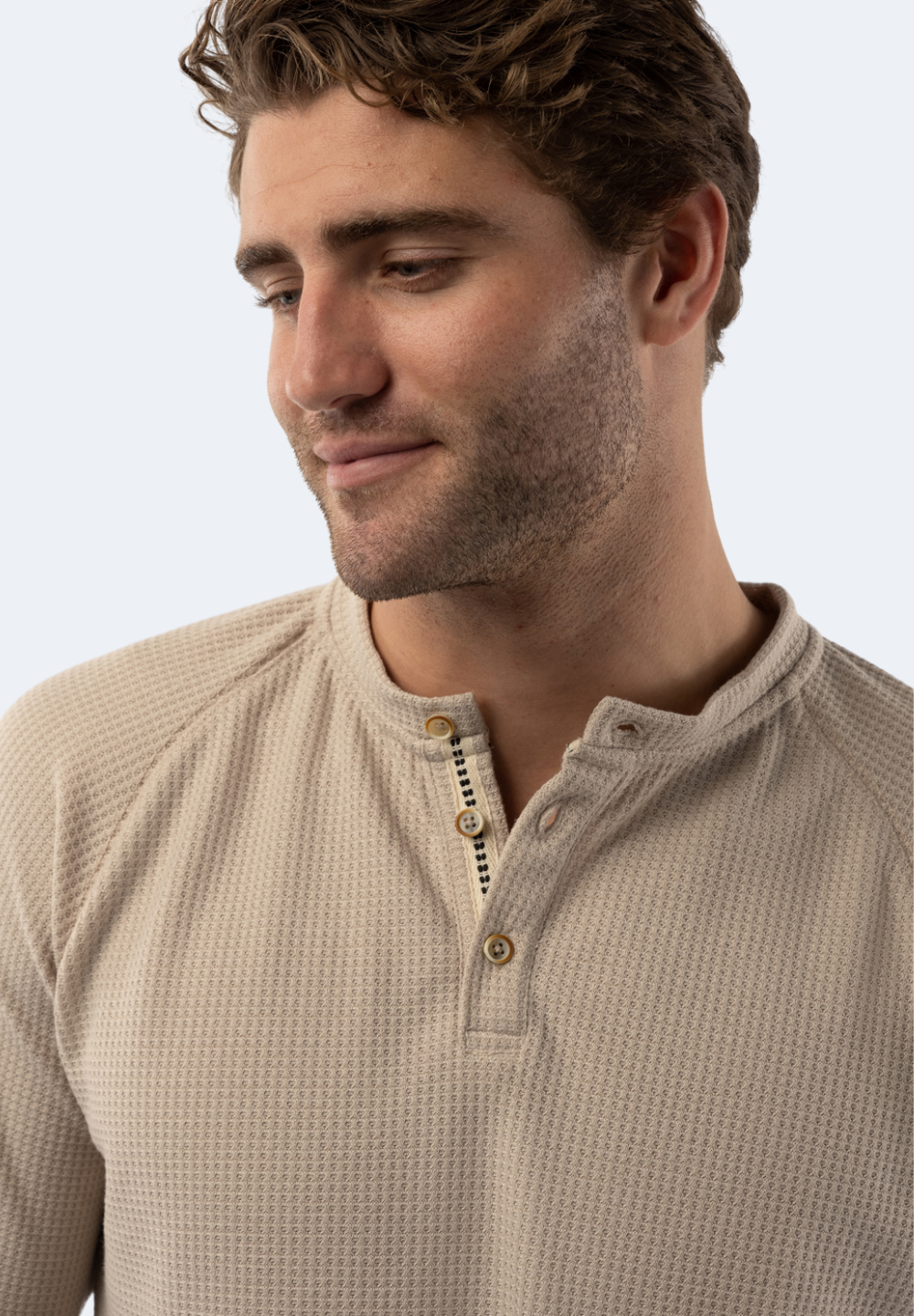 Sand Waffle Knit 3-Button Henley