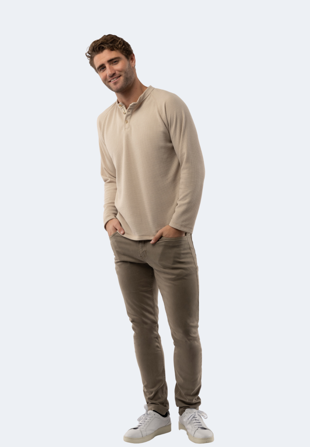 Sand Waffle Knit 3-Button Henley