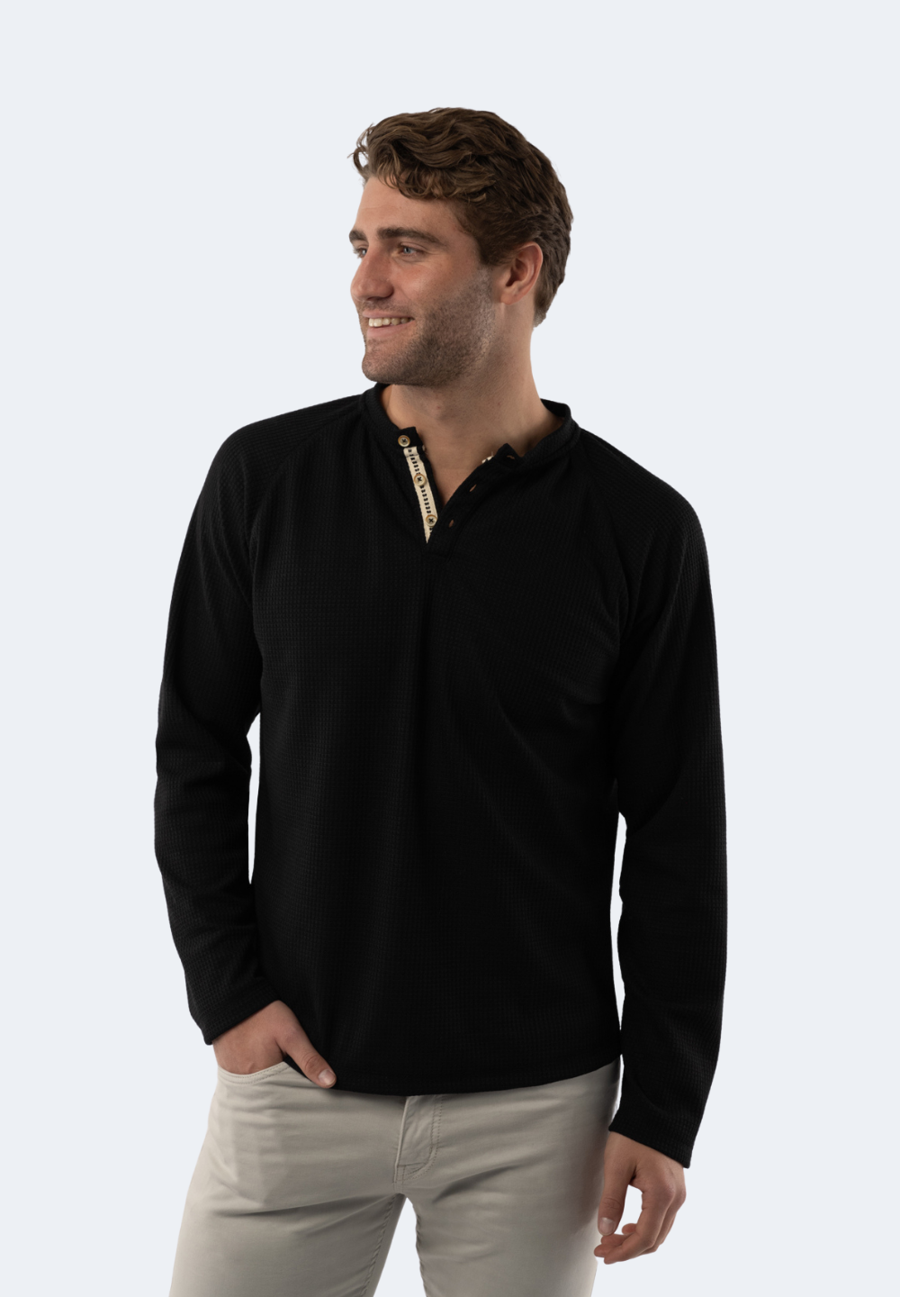 Black Waffle Knit 3-Button Henley
