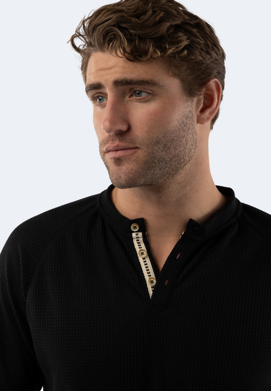 Black Waffle Knit 3-Button Henley