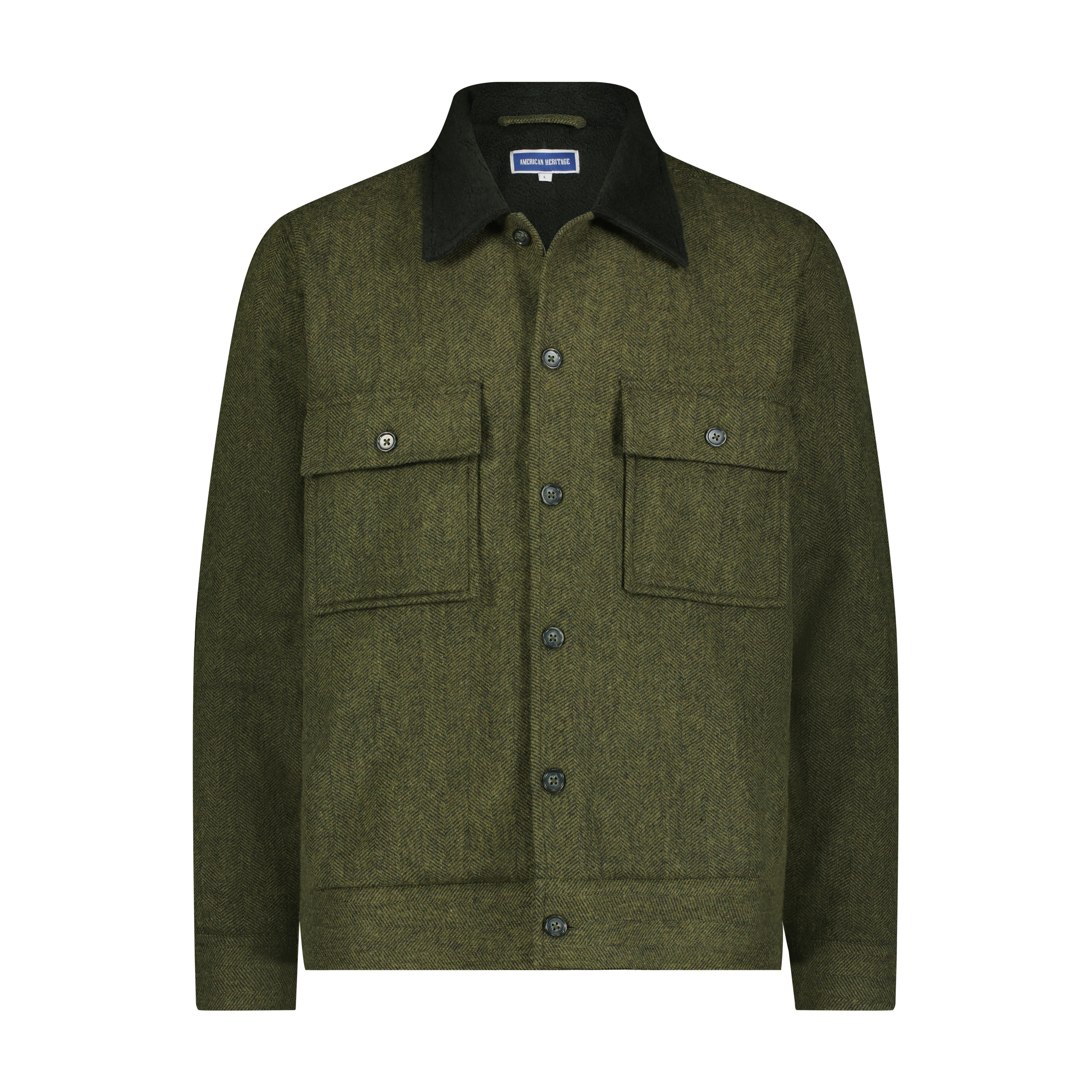 Green jacket with black collar on a white background