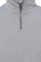 Close-up of a ribbed gray sweater with a zipper on a white background