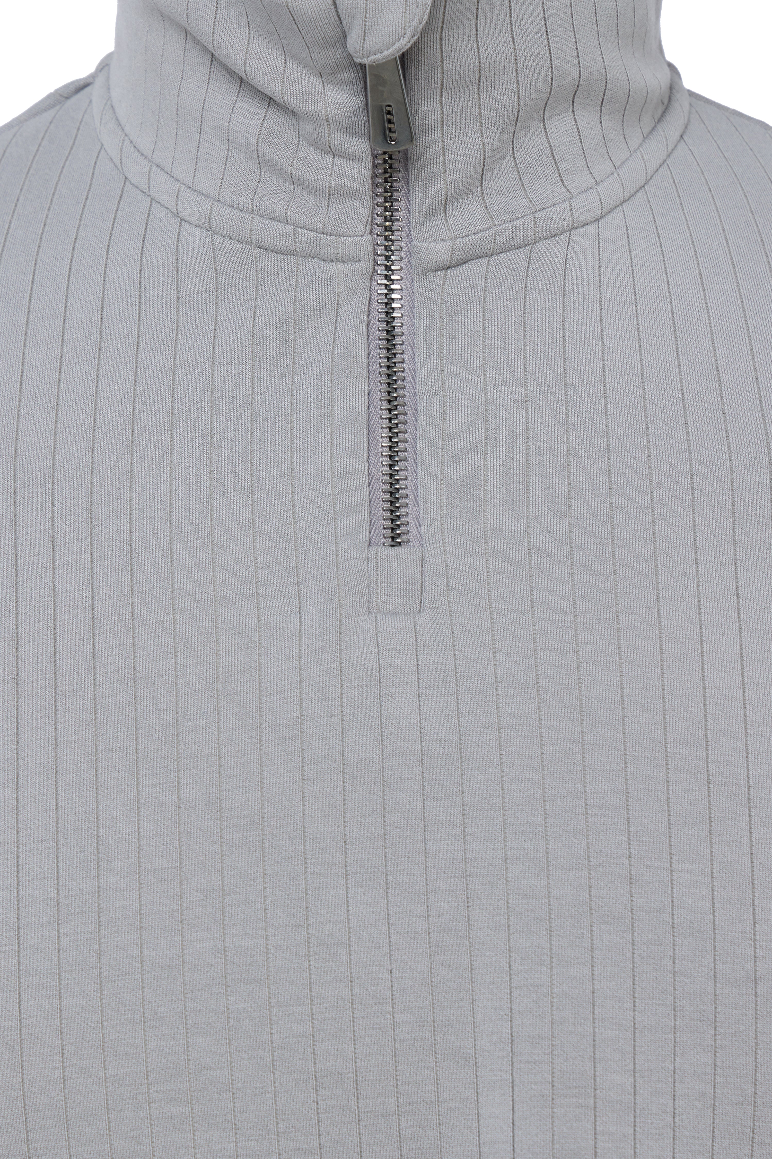 Close-up of a ribbed gray sweater with a zipper on a white background