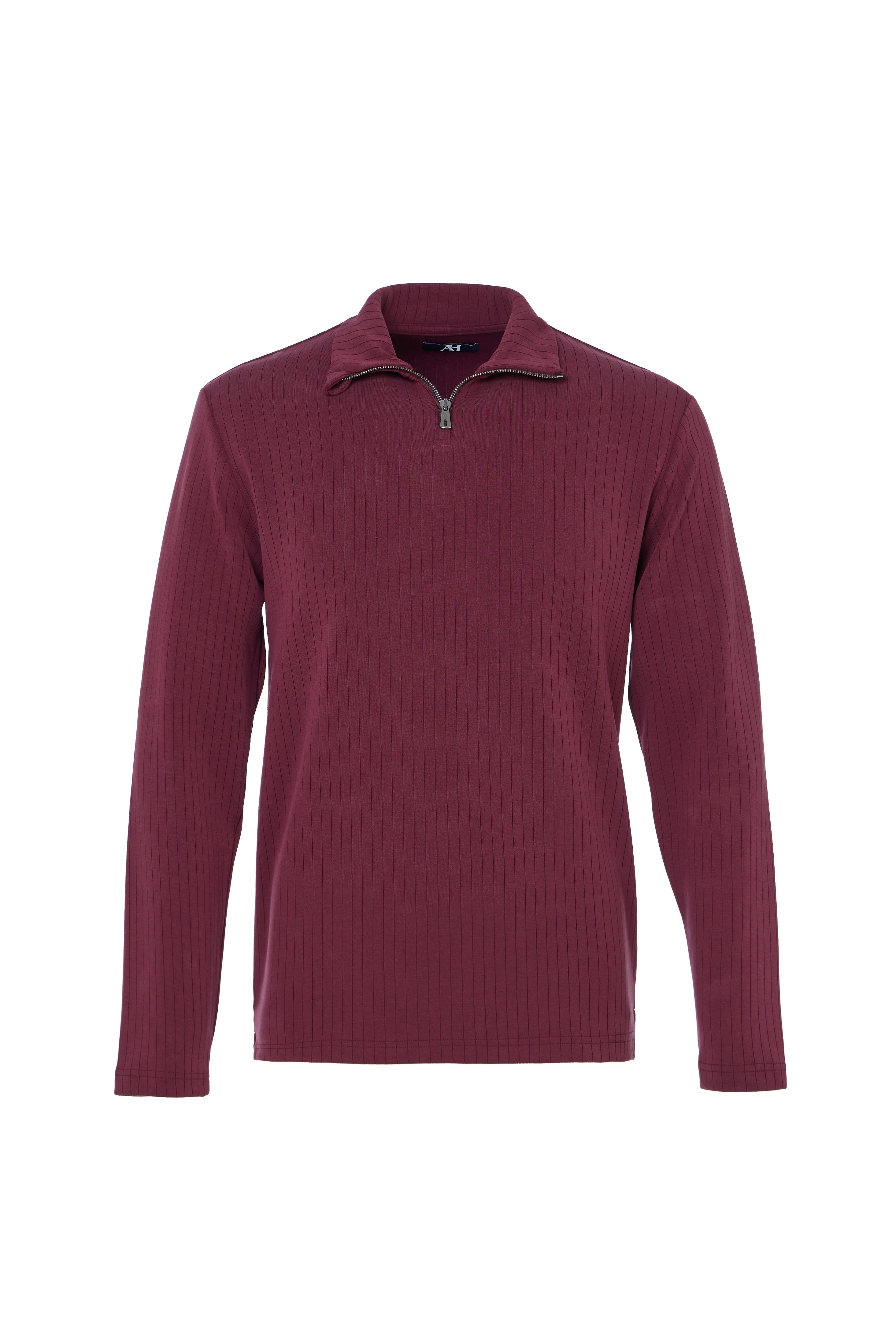 Maroon long-sleeve shirt with a quarter-zip on a white background