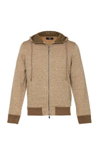 Beige hoodie with brown accents on a white background