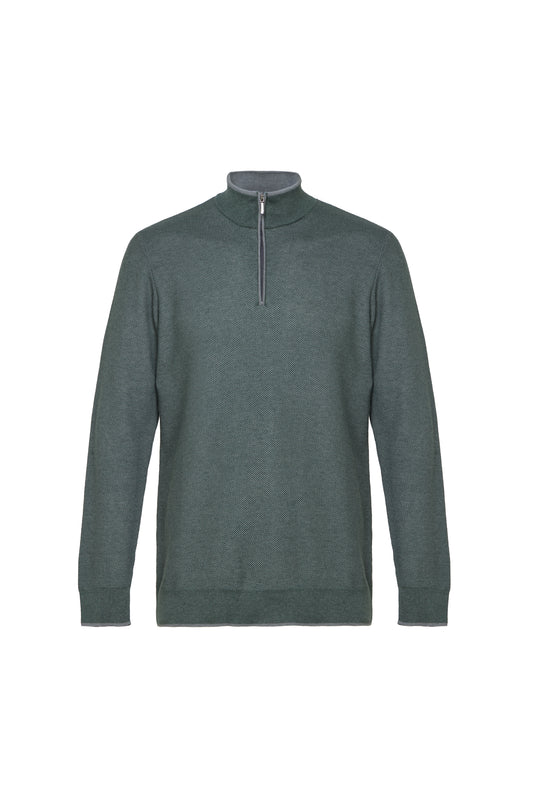 Green Two-Tone Waffle Quarter-Zip Sweater