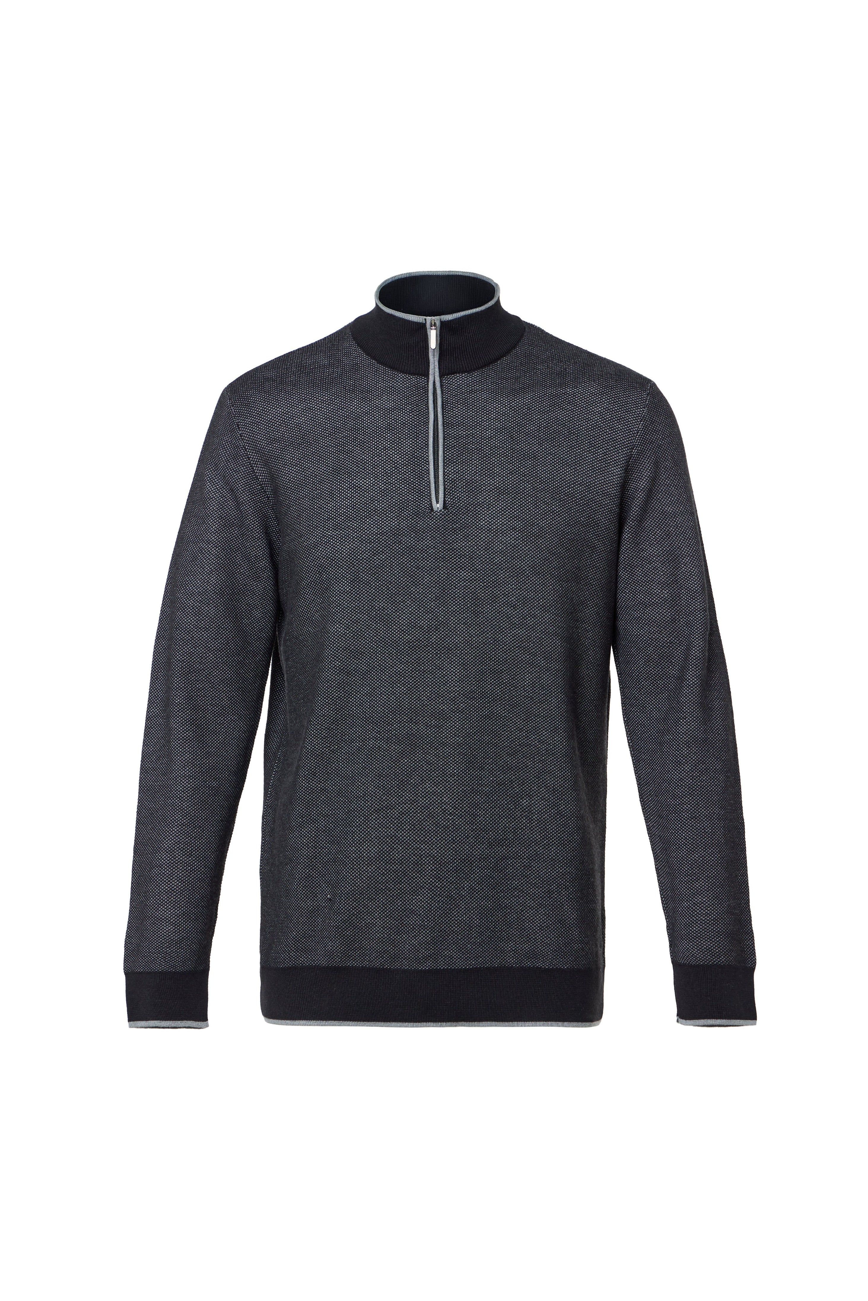 Dark gray sweater with a quarter zip on a white background