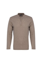 Brown long-sleeve henley shirt on a white background