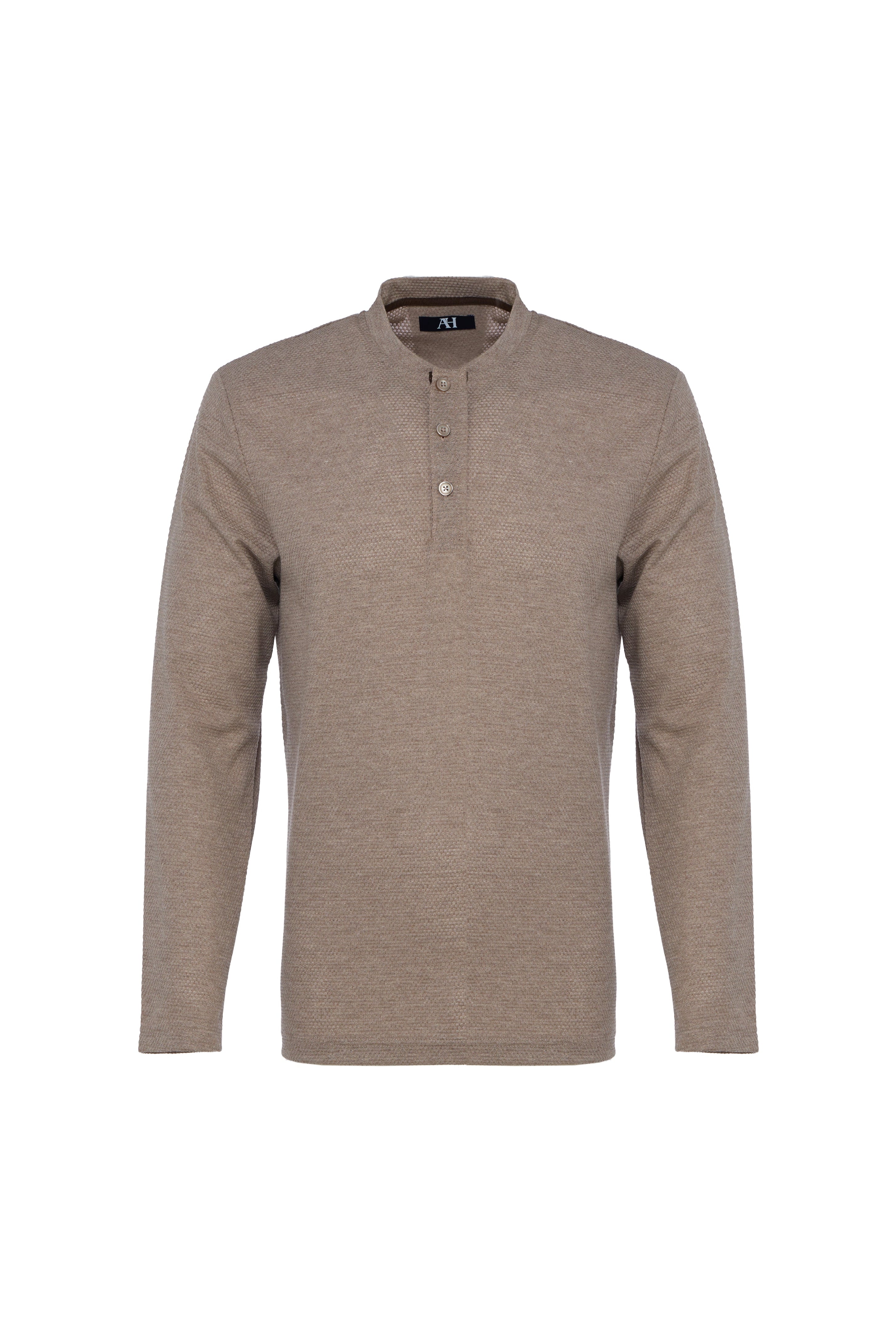 Brown long-sleeve henley shirt on a white background