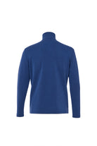 Blue ribbed turtleneck sweater on a white background