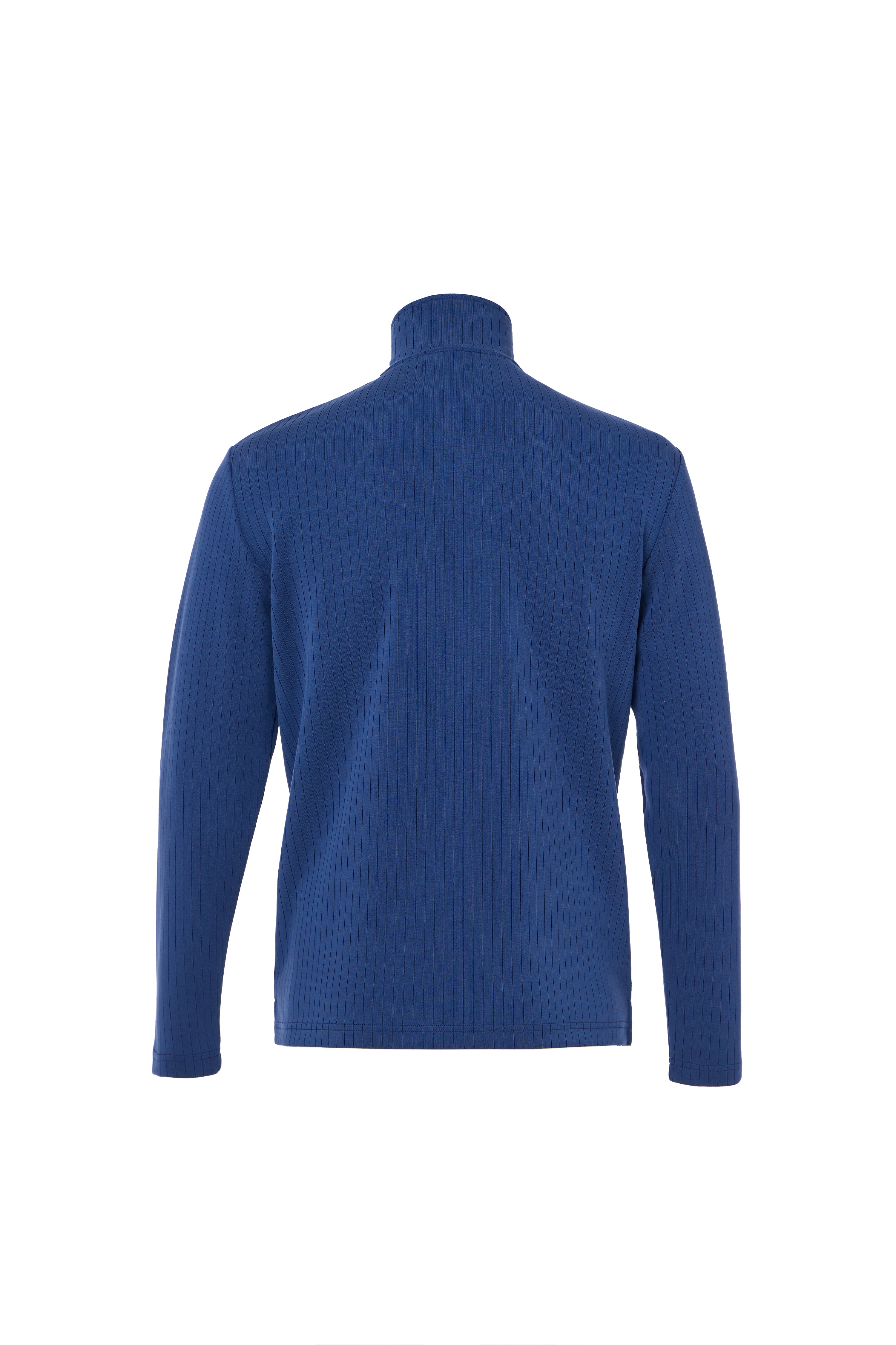Blue ribbed turtleneck sweater on a white background