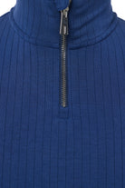 Close-up of a blue ribbed sweater with a zipper on a white background