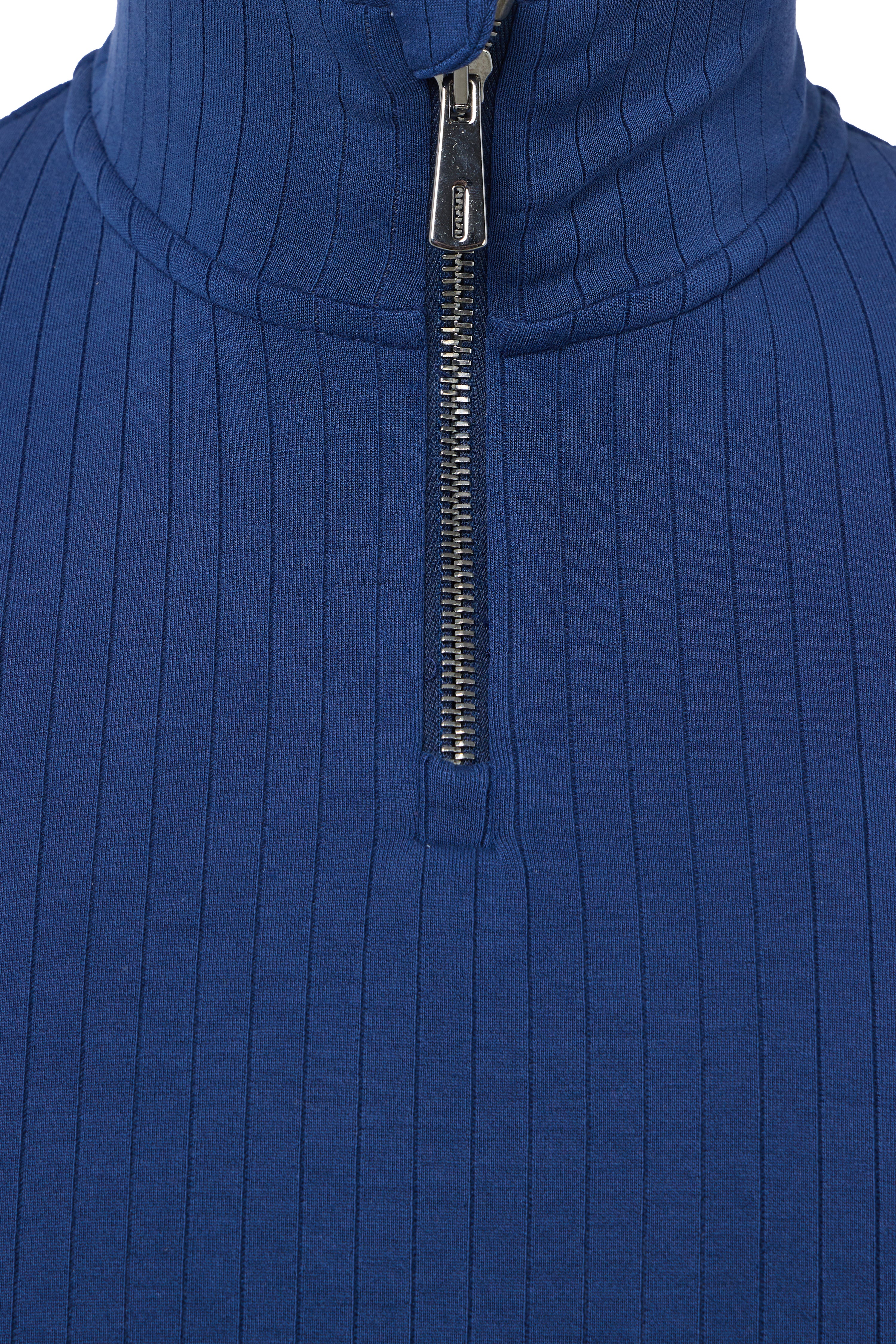 Close-up of a blue ribbed sweater with a zipper on a white background