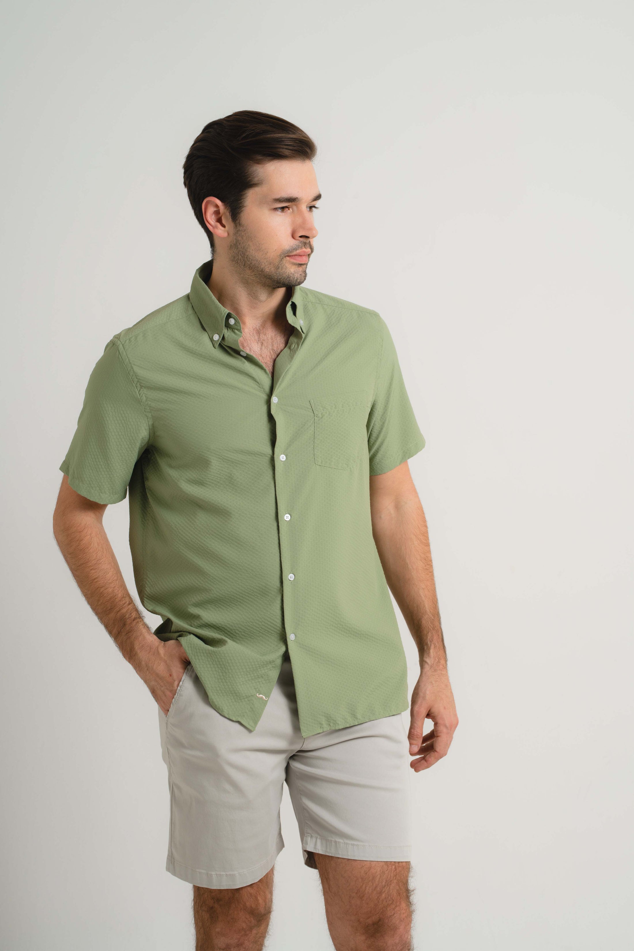 Khaki Seersucker Short Sleeve Shirt