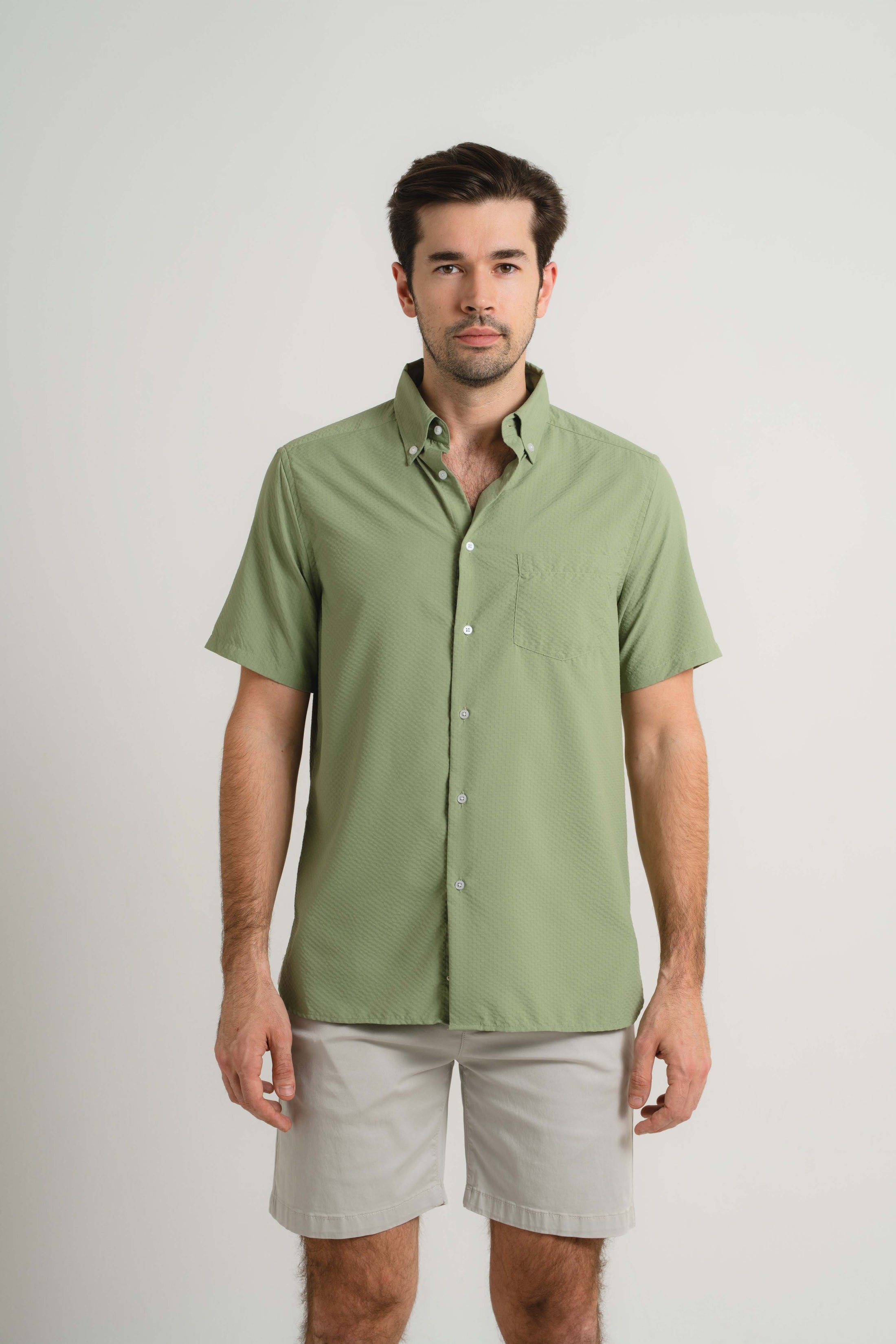 Khaki Seersucker Short Sleeve Shirt