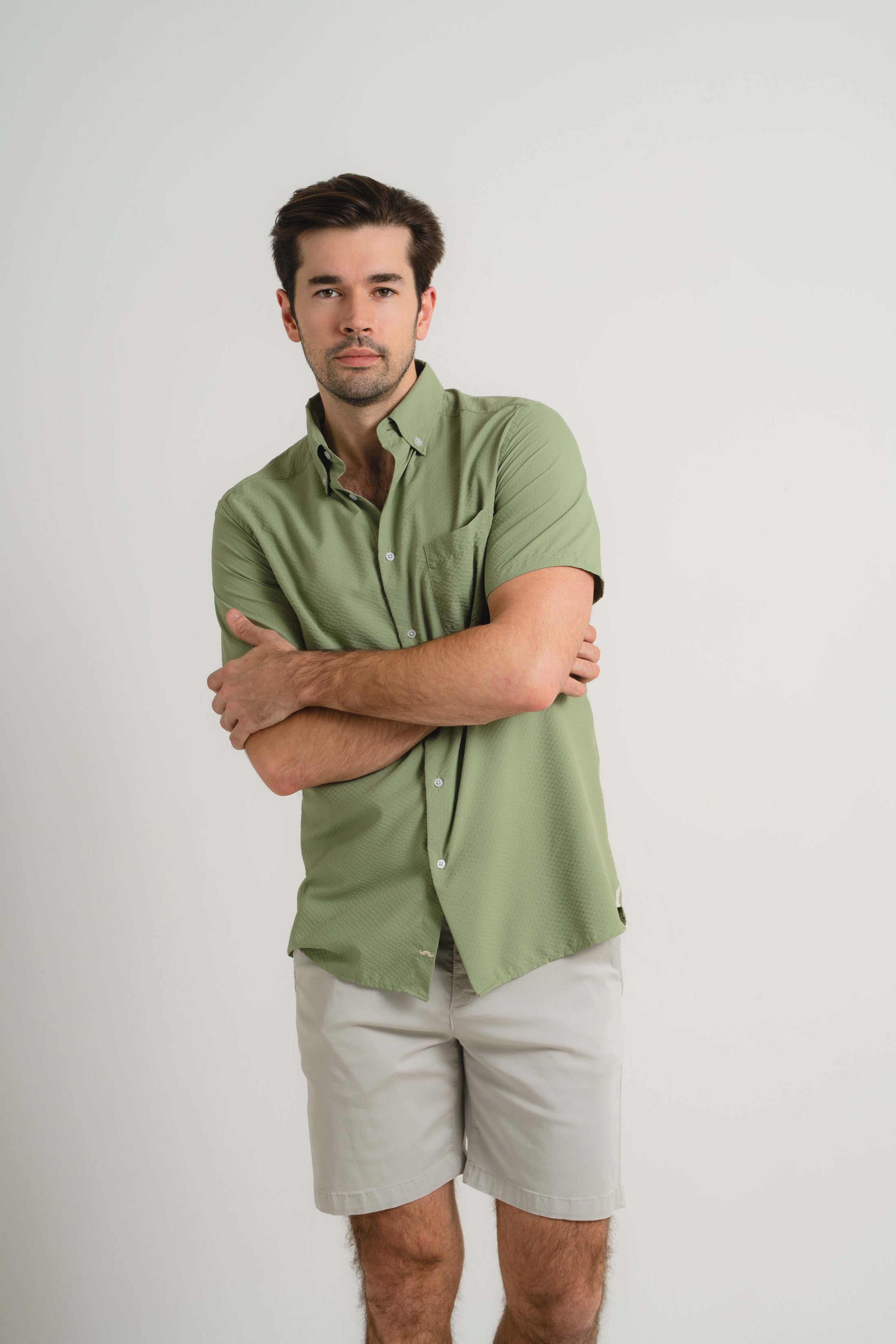 Khaki Seersucker Short Sleeve Shirt
