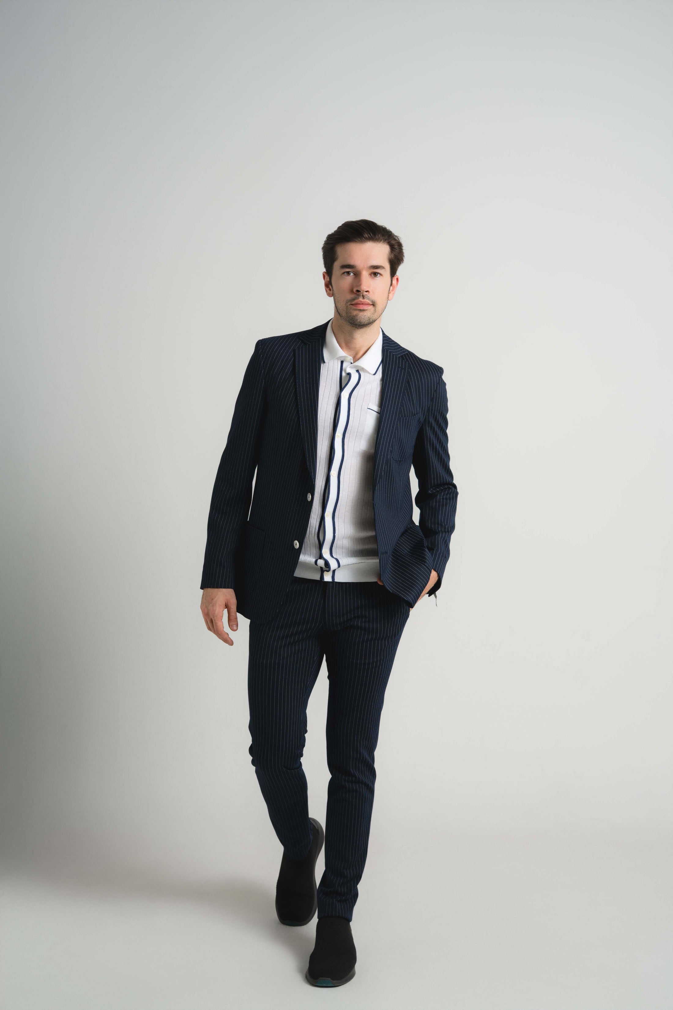 Navy Jersey Knit Stripe Suit